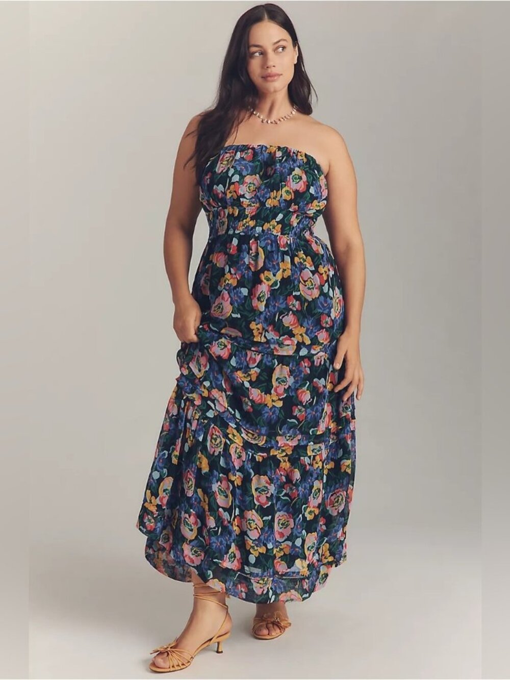 Anthropologie Navy Floral Strapless Maxi Dress
